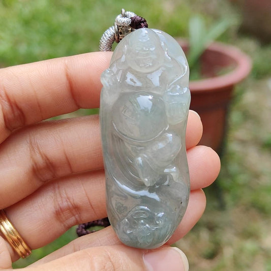 Premium Rare Semi Icy Natural Type A Jadeite Jade crafted with Milo Buddha as Pendant Necklace with certificate weigh 30.56 grams, measurement 56 * 23 * 12.8 (pendant207)