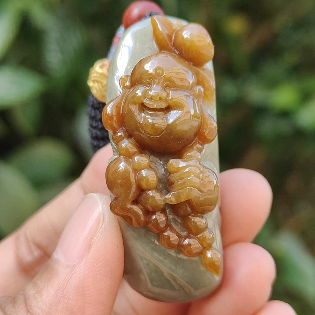 Very Rare Good Quality Reddish Yellow and Light Green Natural Type A Jadeite Jade crafted with Milo Buddha as Pendant with certificate weigh 37.43 grams, measurement 50 * 18.5 * 20.3 mm (pendant235)