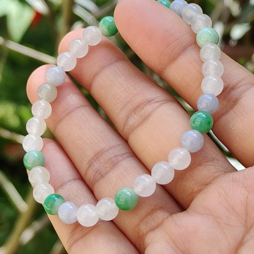 Mix with Green, Lavender and Icy Natural Type A Jadeite Jade 33 Beads with measurement of 5.5 mm bracelet, QIC labs approved certificate included weigh 9 grams (bracelet16)