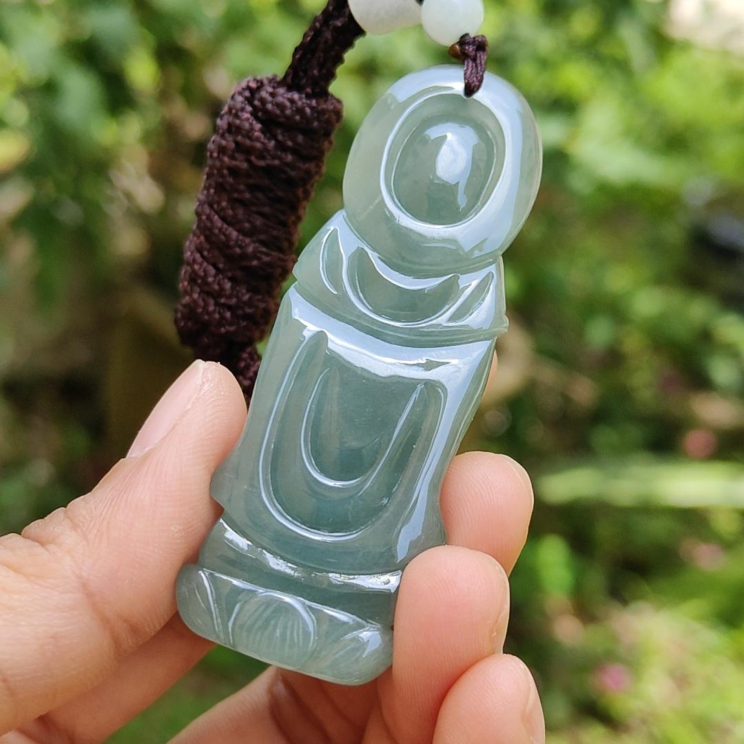 Good Quality Light Green Natural Type A Jadeite Jade crafted with standing Guanyin as Pendant, certificate weighs 31.45 grams, measurement 65.2 * 24.1 * 11 mm (pendant259)