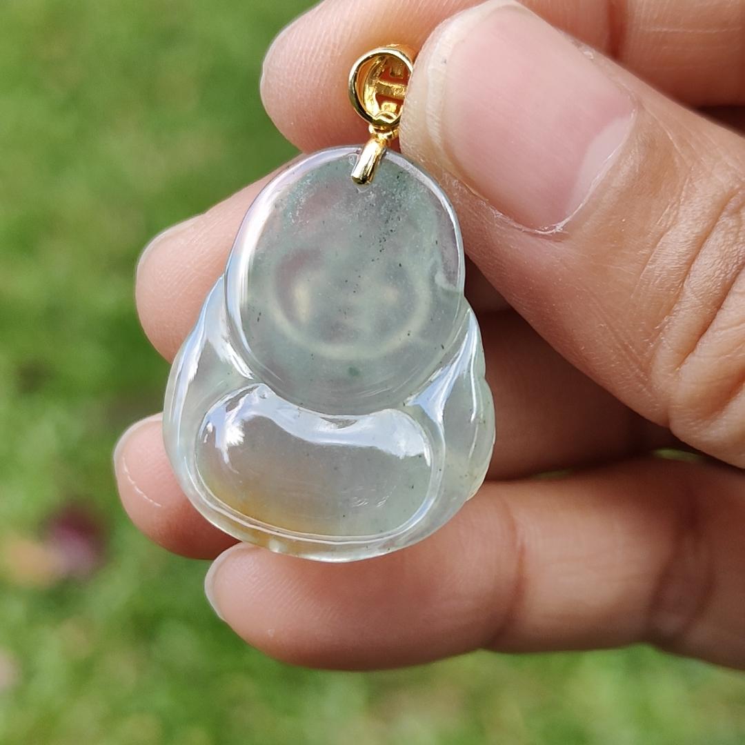 Rare Old Pit Icy Translucent with Yellow and Light Green Hue Collectible Natural Type A Jadeite Jade crafted as Milo Buddha added with 18k Gold Clasp as Pendant, certificate weighs 6.09 grams, measurement 26.8 * 23.2 * 6 mm (18kp63)