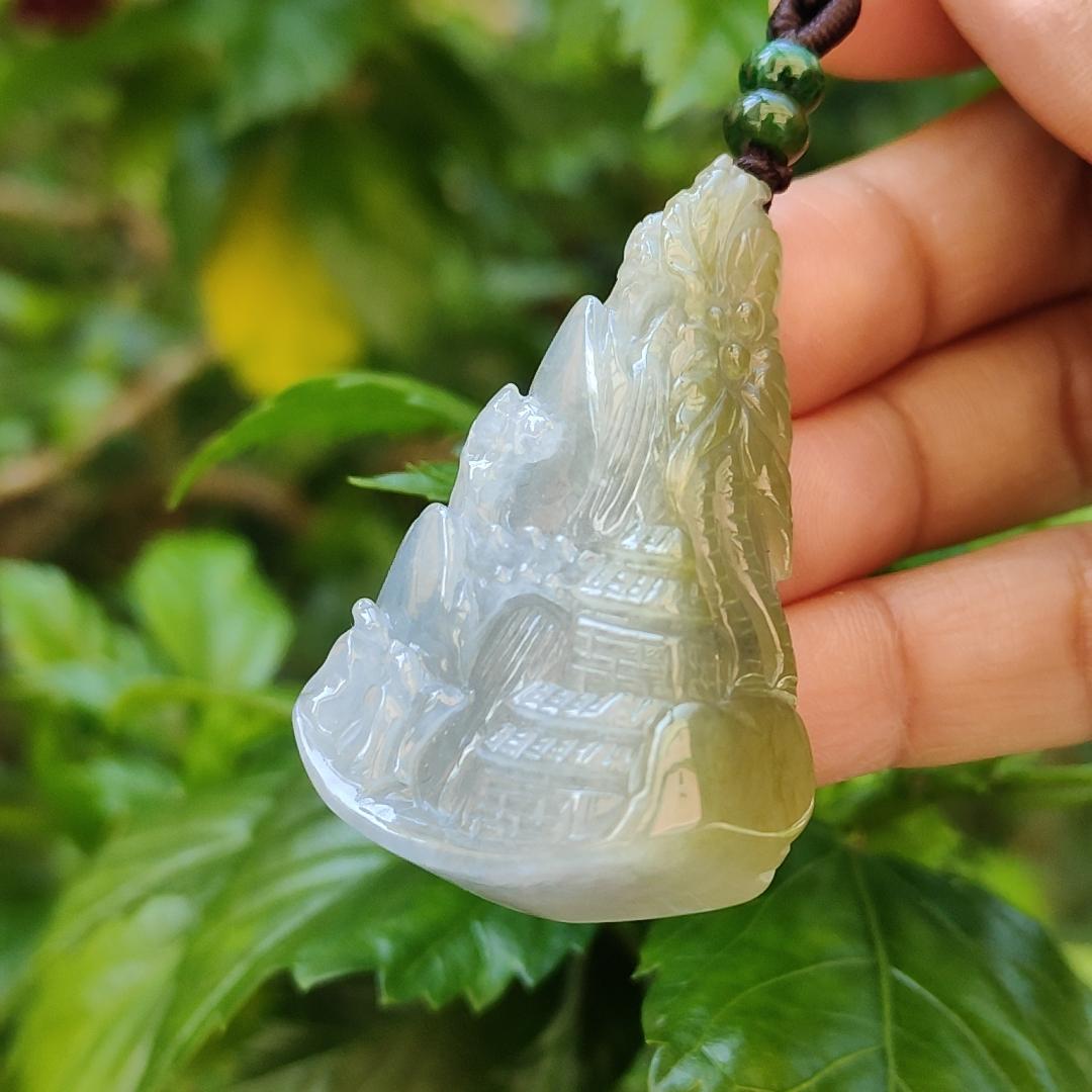 Very Unique and Rare Light Purple with Yellow Natural Type A Jadeite Pendant Crafted with waterfall, moutain, houses and coconut trees, symbols of money, power of life, Extend upwards with certificate weigh 31.55 grams, 49 * 32.3 * 13.5 mm, (pendant70)