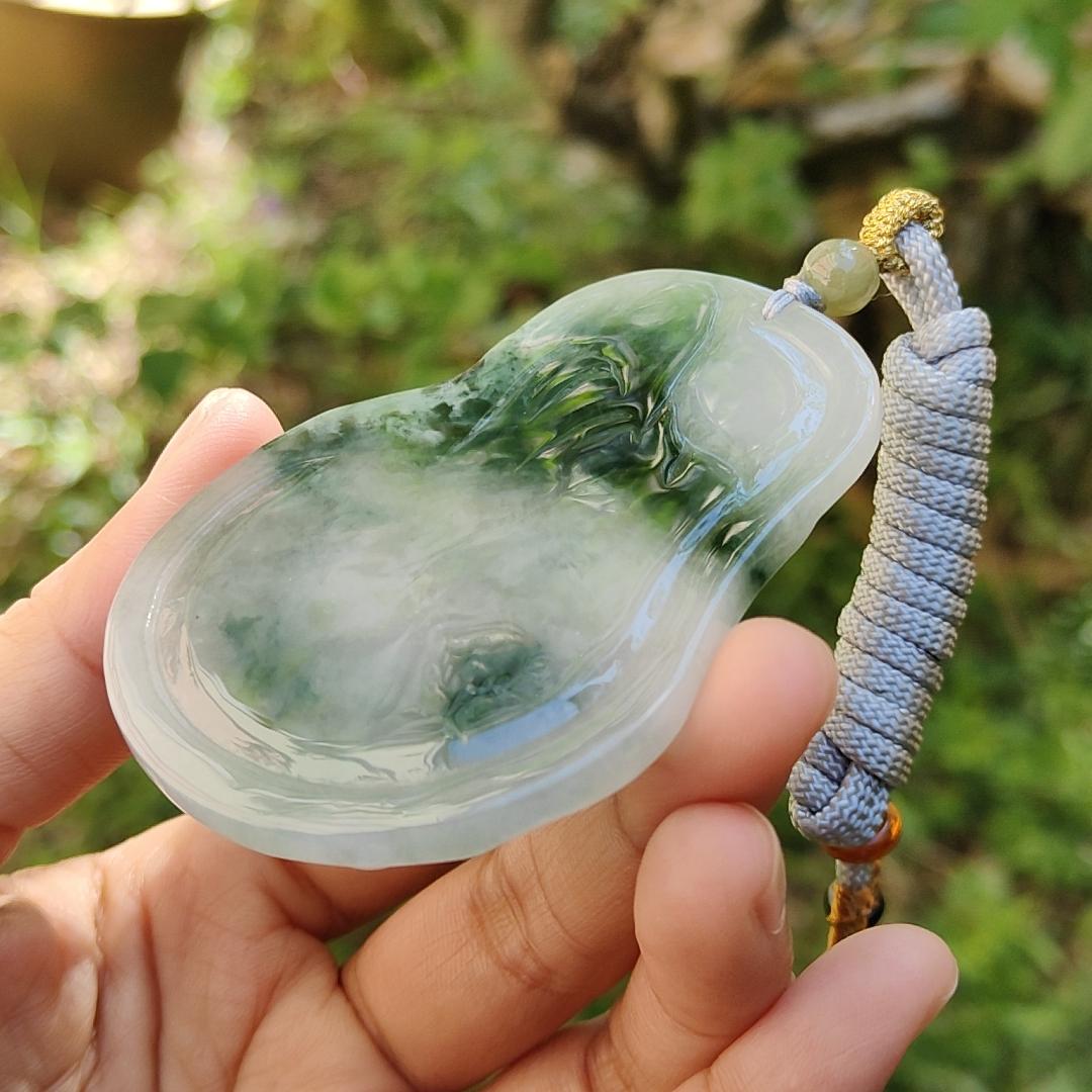 Premium Rare Semi Icy Natural Type A Jadeite crafted with Scenery and Laughing Buddha, certificate included weigh 51.59 grams, 71.8 * 53.1 * 7.5 mm, collector item, (pendant51),