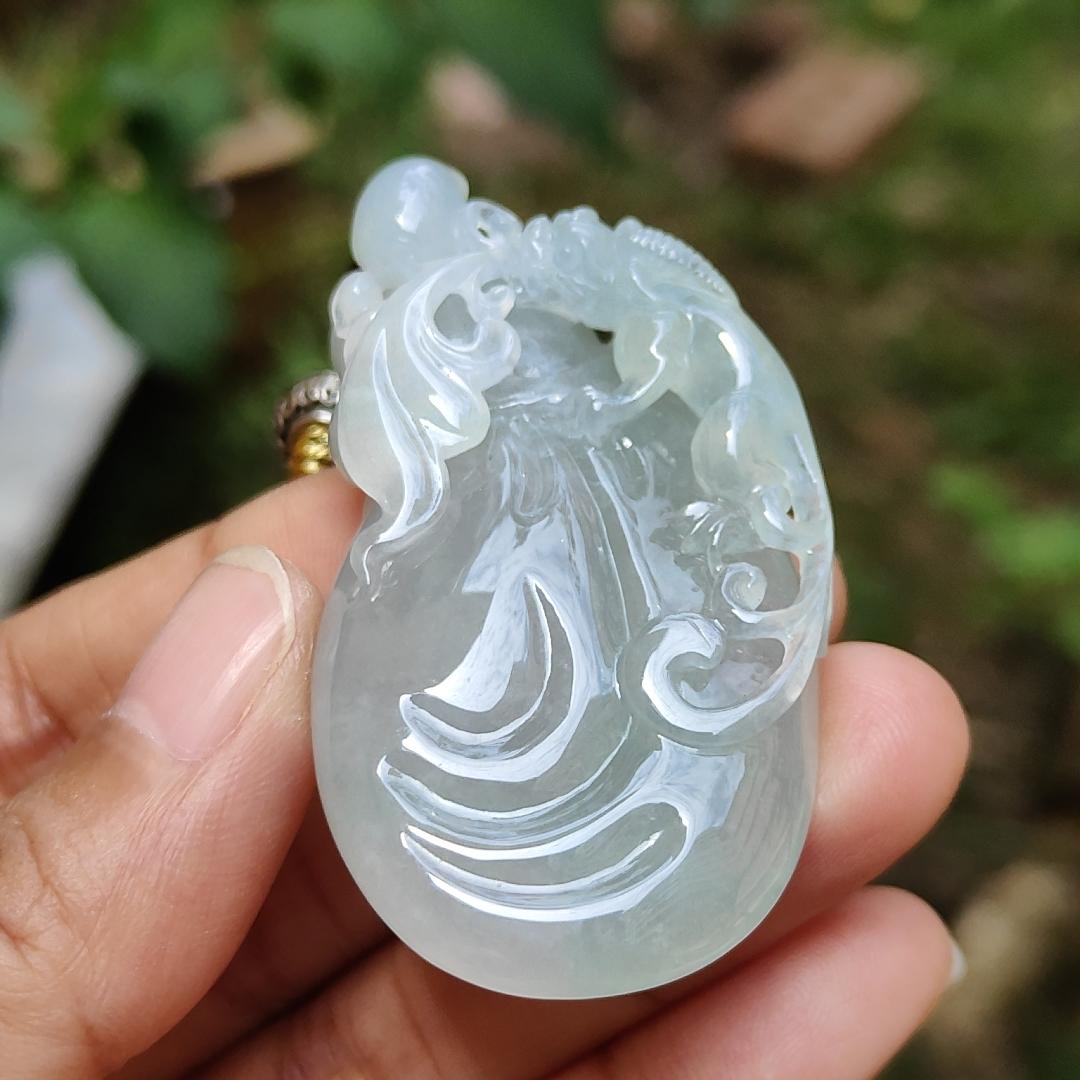 Limited Time Offer Semi Icy Premium Natural Type A Jadeite Jade crafted with pixiu as pendant, certificate weigh 30.20 grams, measurement 53.5 * 30.3 * 14.8 mm (pendant200)