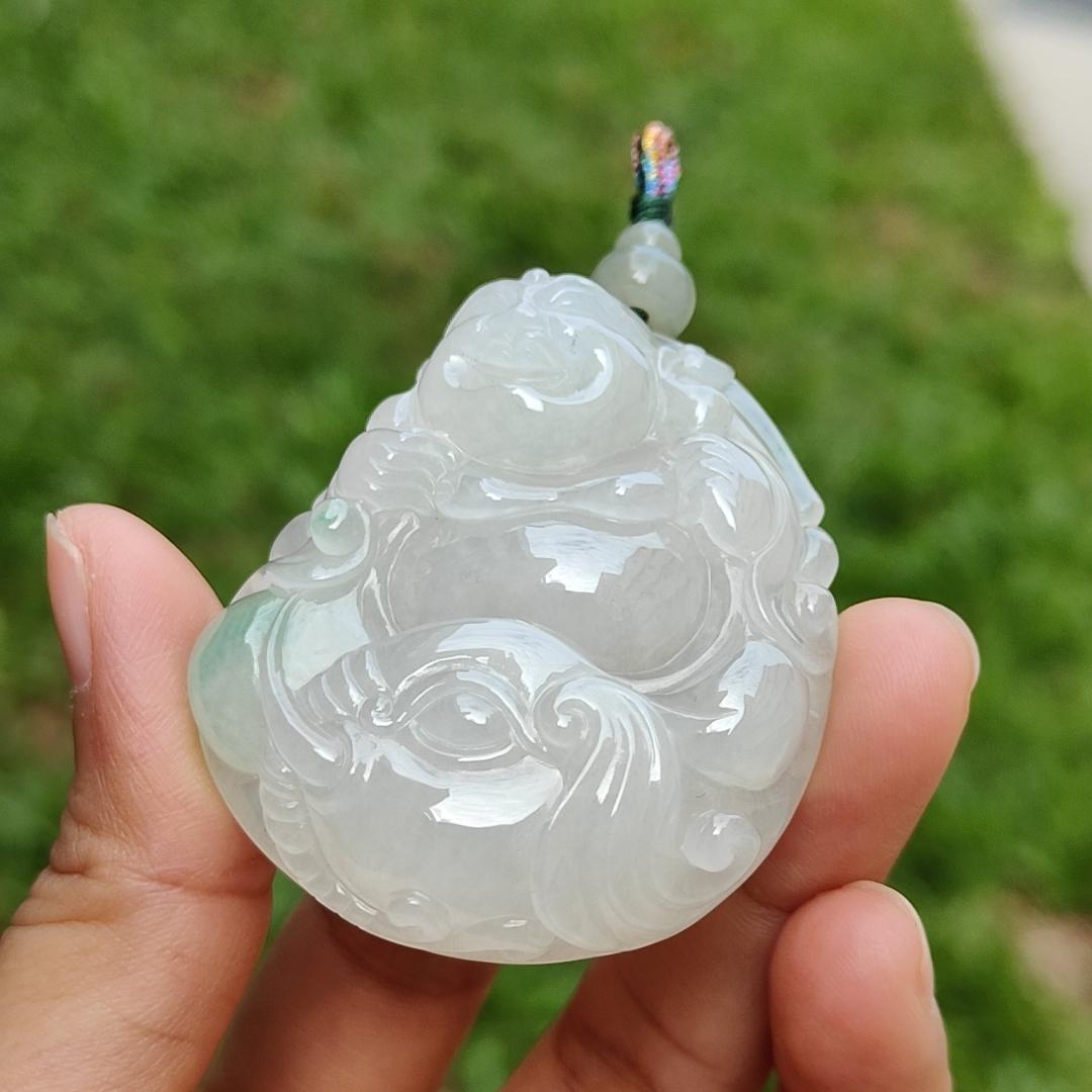 Crafted with Budai Laughing Buddha, Elephant and Ruyi Premium Semi Icy Natural Type A Jadeite with green patches Pendant Necklace with certificate weigh 45.38 grams, 50.5 * 44 * 12.3 mm (pendant160)