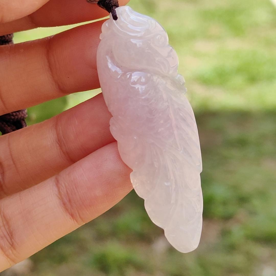 Rare Pinkish Light Lavender Hue Natural Type A Jadeite Pendant Necklace crafted as Parrot symbols of Wise and brave, heroic with certificate weigh 11.33 grams, 51.3 * 17.8 * 8.6 mm, mid-year offer and suitable for daily wear or collections (pendant28)