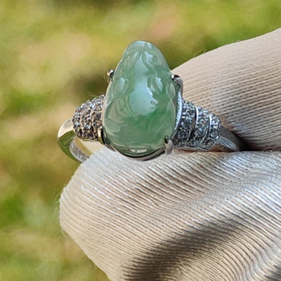 Icy Light Green with green patches Natural Type A Jadeite Jade crafted as Pixiu set on S925 adjustable as Ring with certificate weigh 2.68 grams, measurement 10.5 * 7.7 * 4.6 mm (s925ring7)