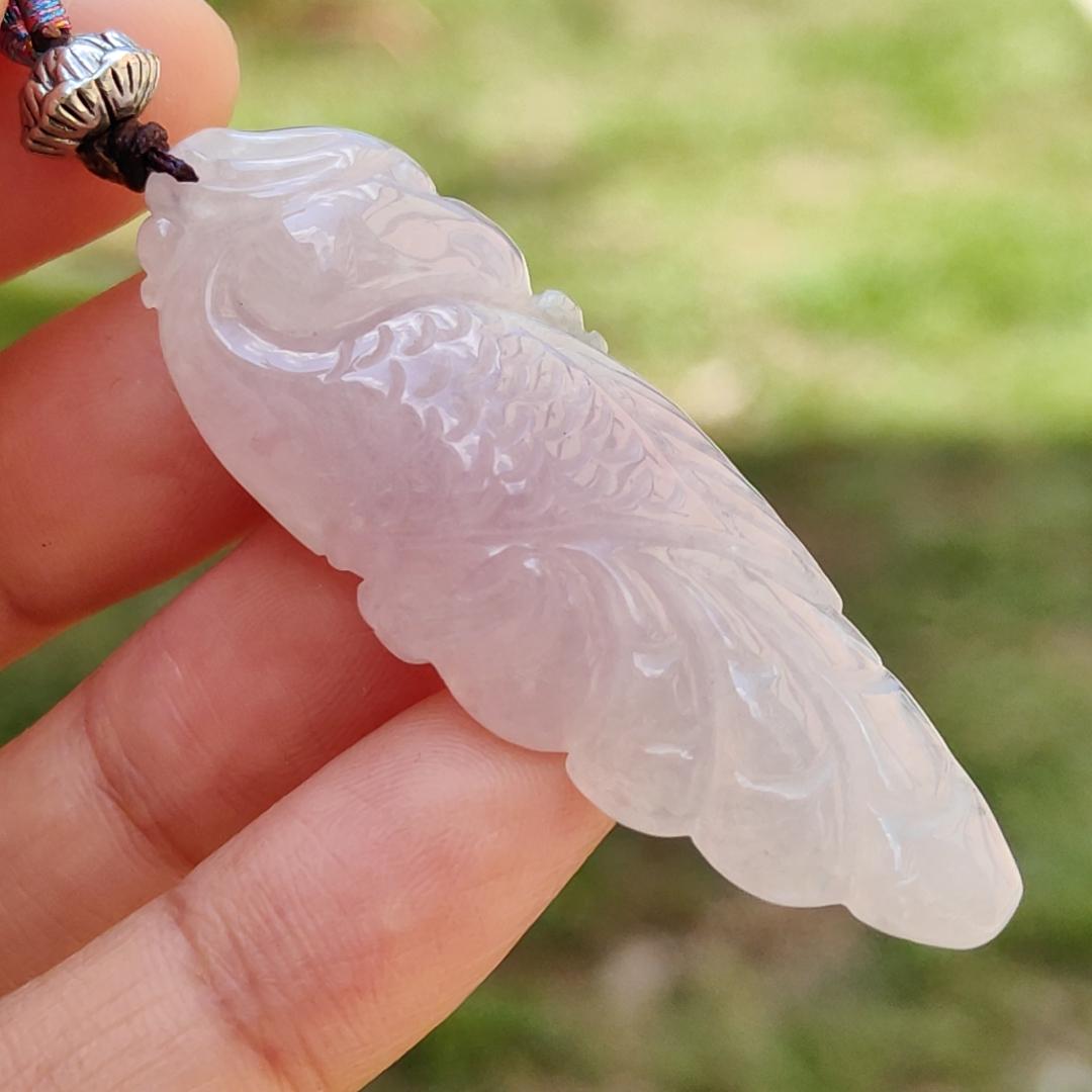 Rare Pinkish Light Lavender Hue Natural Type A Jadeite Pendant Necklace crafted as Parrot symbols of Wise and brave, heroic with certificate weigh 11.33 grams, 51.3 * 17.8 * 8.6 mm, mid-year offer and suitable for daily wear or collections (pendant28)