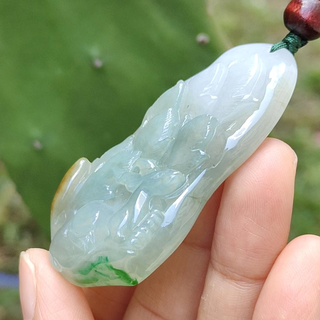 Green, Bluish Green, Brown Natural Type A Jadeite Pendant Necklace crafted as Nine Tails Fox symbols, Increase the relationship with the opposite sex and enhance personal charm plus good luck, certificate weigh 30 grams, 57 * 29.3 * 9.3 mm (pendant50)