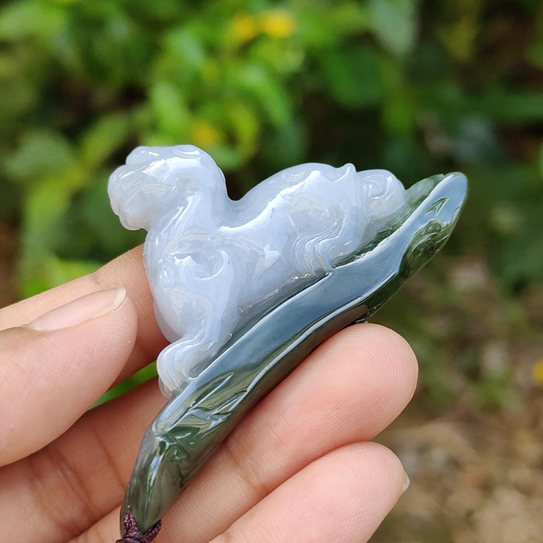 Lavender and Green Natural Type A Jadeite Handheld Piece crafted with Pixiu meaning rich, happiness and good luck with certificate weight 29.97 grams, 61.30 * 10.70 * 34.60 mm, also suitable for display anywhere at home, car or office (hand1)