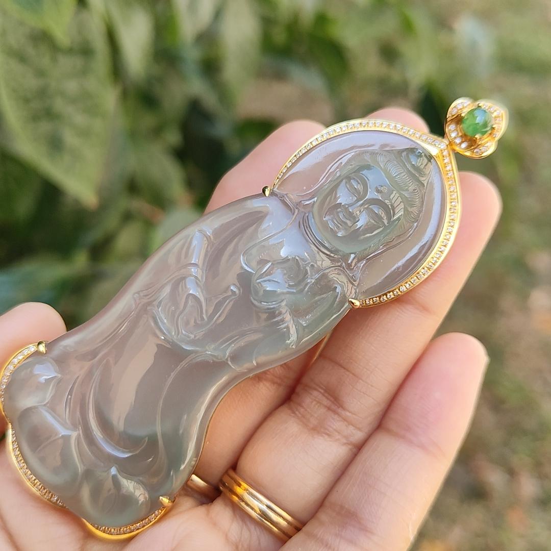 Super Rare Premium High Quality Light Green with Green Natural Type A Jadeite Jade crafted as Standing Guanyin set on 18k Gold with diamonds and one green cabochon, certificate weigh  27.19 grams, measurement 89.9 * 33.2 * 11.9 mm (18kp34)