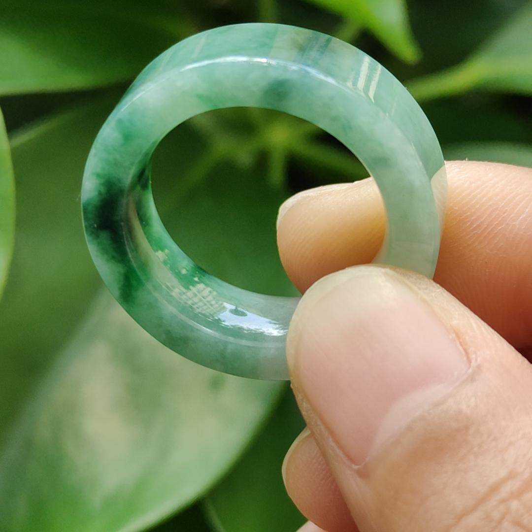 High Quality Green,Green Patches Natural Type A Jadeite Jade crafted as Ring, finger size 19.1mm, QIC approved labs certificate weighs 7.68 grams, measurement 7.7 * 4.4 mm (ring8)