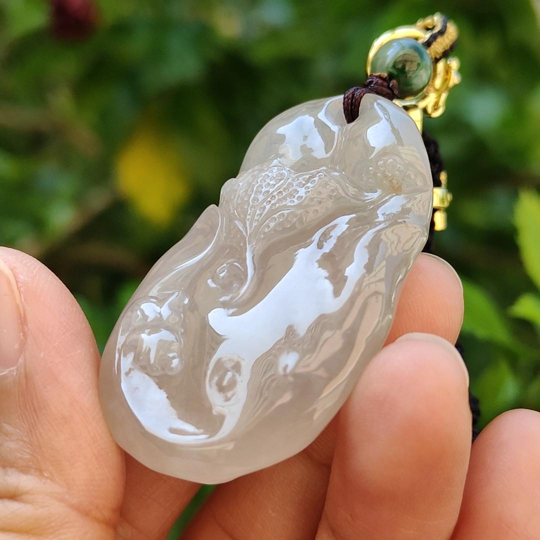 Premium High Quality Old Pit Natural Type A Jadeite Jade crafted with fish and Lotus as Pendant, certificate weigh 25.4 grams, measurement 44.2 * 28.5 * 12.3mm (pendant243)