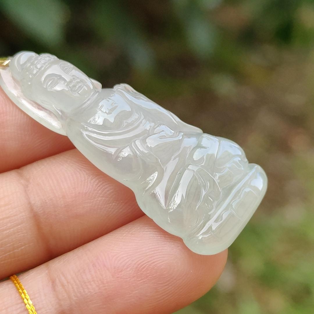 Icy Translucent Natural Type A Jadeite Jade crafted as Buddha with 18k gold clasp as Pendant, certificate weighs 6.78 grams, measurement 41.3 * 17.8 * 6.2 mm (18kp44)