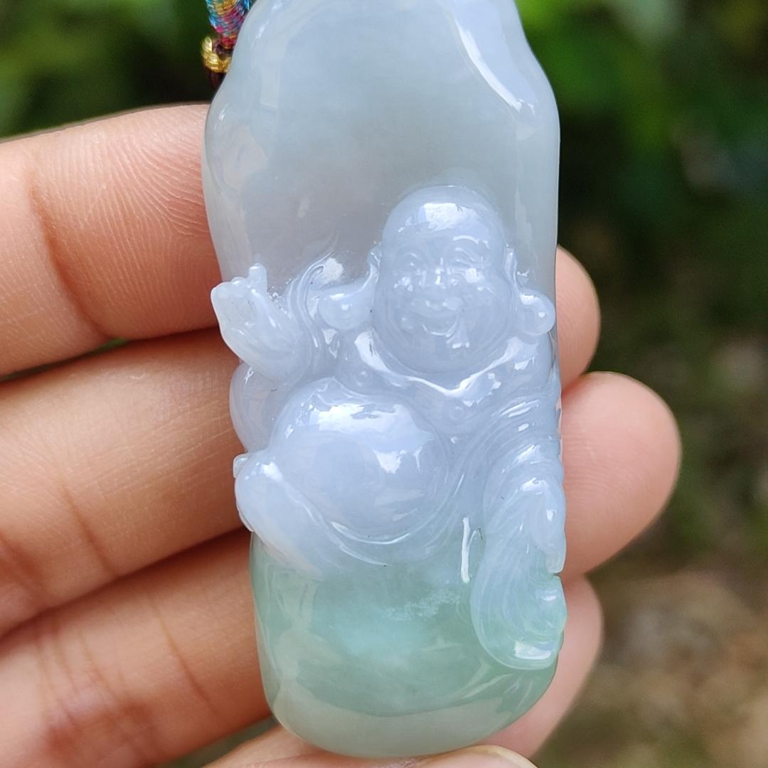 Lavender and Green Natural Type A Jadeite Pendant crafted with Milo Buddha represent Compassionate, tolerant, optimistic and open-minded with certificate weight 29.40 grams, 50.80 * 20.80 * 13.60 mm suitable for daily wear (pendant108)