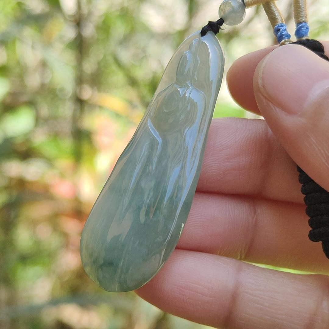 Light Green Natural Type A Jadeite Jade Pendant Necklace crafted with faceless Guanyin with QIC labs approved certificate weigh 11.82 grams, measurement 52 * 17.7 * 5.7 mm (pendant175)