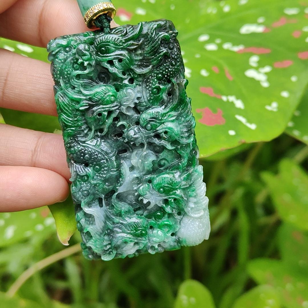 Lots of Green with Wuji carved as nine dragons Natural Type A Jadeite pendant with certificate weight 45.16 grams, 60.30 * 35.30 * 9.90 mm suitable for daily wear (pendant120)