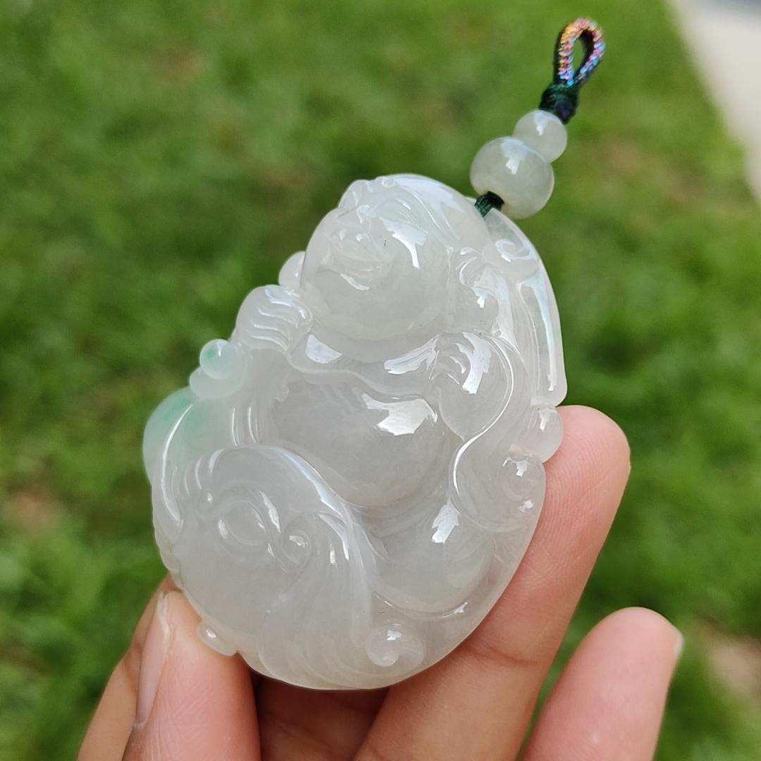 Crafted with Budai Laughing Buddha, Elephant and Ruyi Premium Semi Icy Natural Type A Jadeite with green patches Pendant Necklace with certificate weigh 45.38 grams, 50.5 * 44 * 12.3 mm (pendant160)