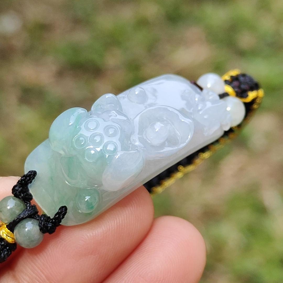 Light Green Natural Type A Jadeite Jade crafted with frog and Lotus as bracelet, certificate weigh 9.98 grams, measurement 33.9 * 14.1 * 12.3, (bracelet23)