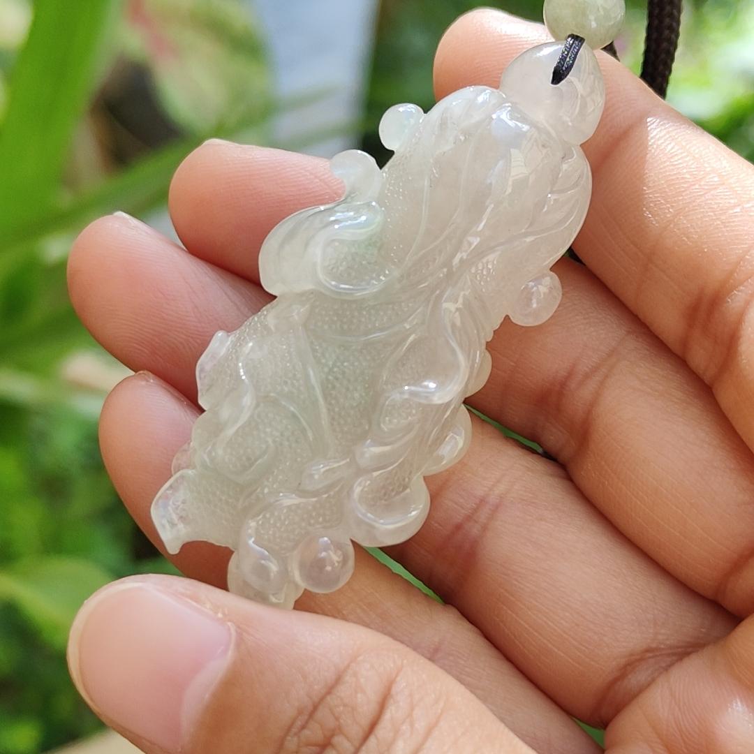 High-Quality Icy Translucent with Light Green Natural Type A Jadeite Jade crafted as Cabbage, Pendant certificate weighs 24.55 grams, measurement 56.3 * 24.6 * 12.6 (pendant272)