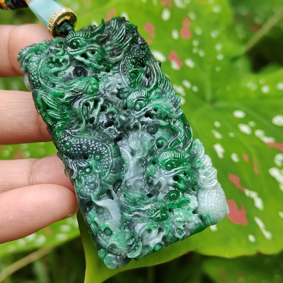 Lots of Green with Wuji carved as nine dragons Natural Type A Jadeite pendant with certificate weight 45.16 grams, 60.30 * 35.30 * 9.90 mm suitable for daily wear (pendant120)