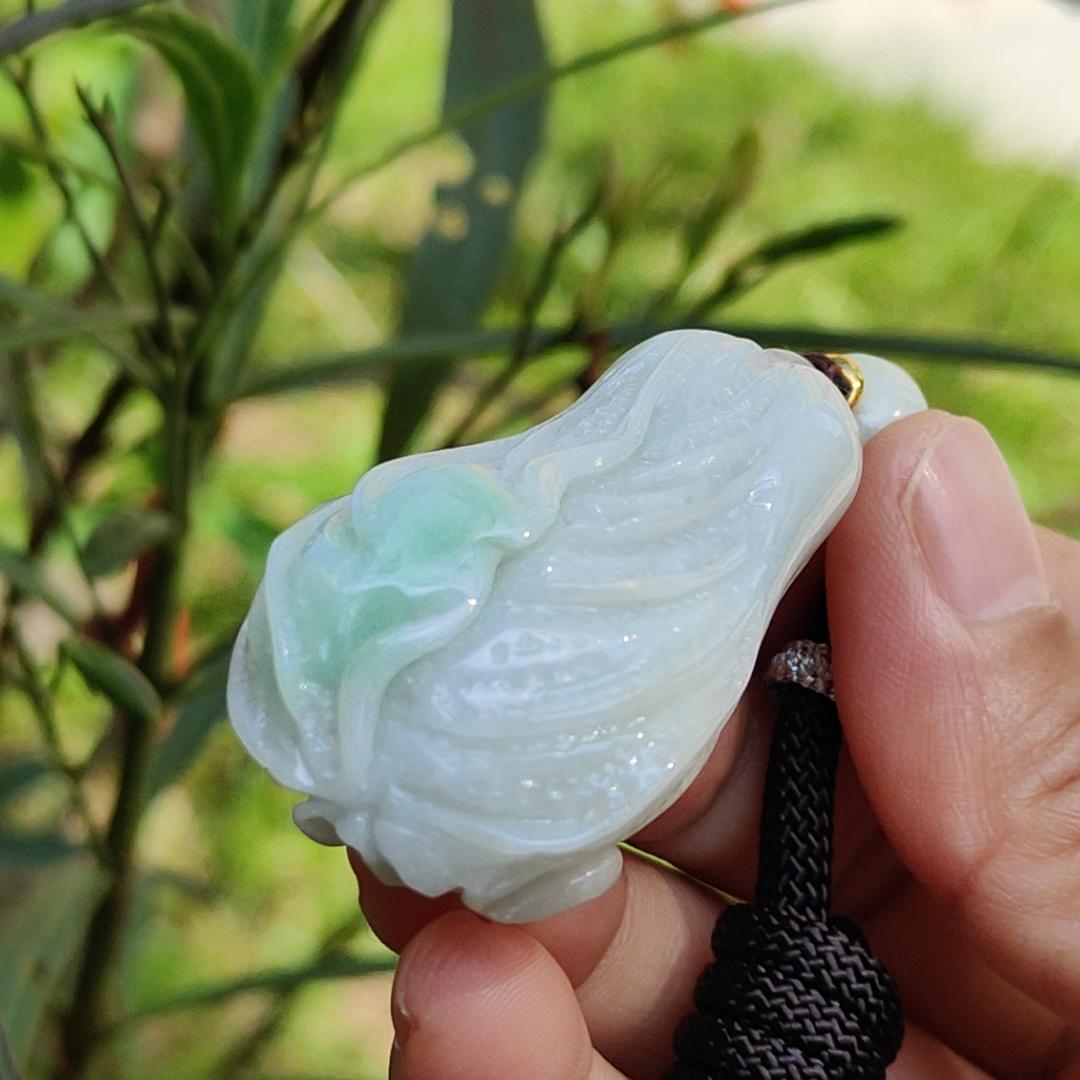 Crafted as Chinese cabbage with patches of light green Natural Type A Jadeite Pendant Necklace with GIC approved labs certificate weigh 31.92 grams, 46.8 * 27.3 * 18 mm, symbols of Boosts wealth, purity, and good weather, suitable for daily wear