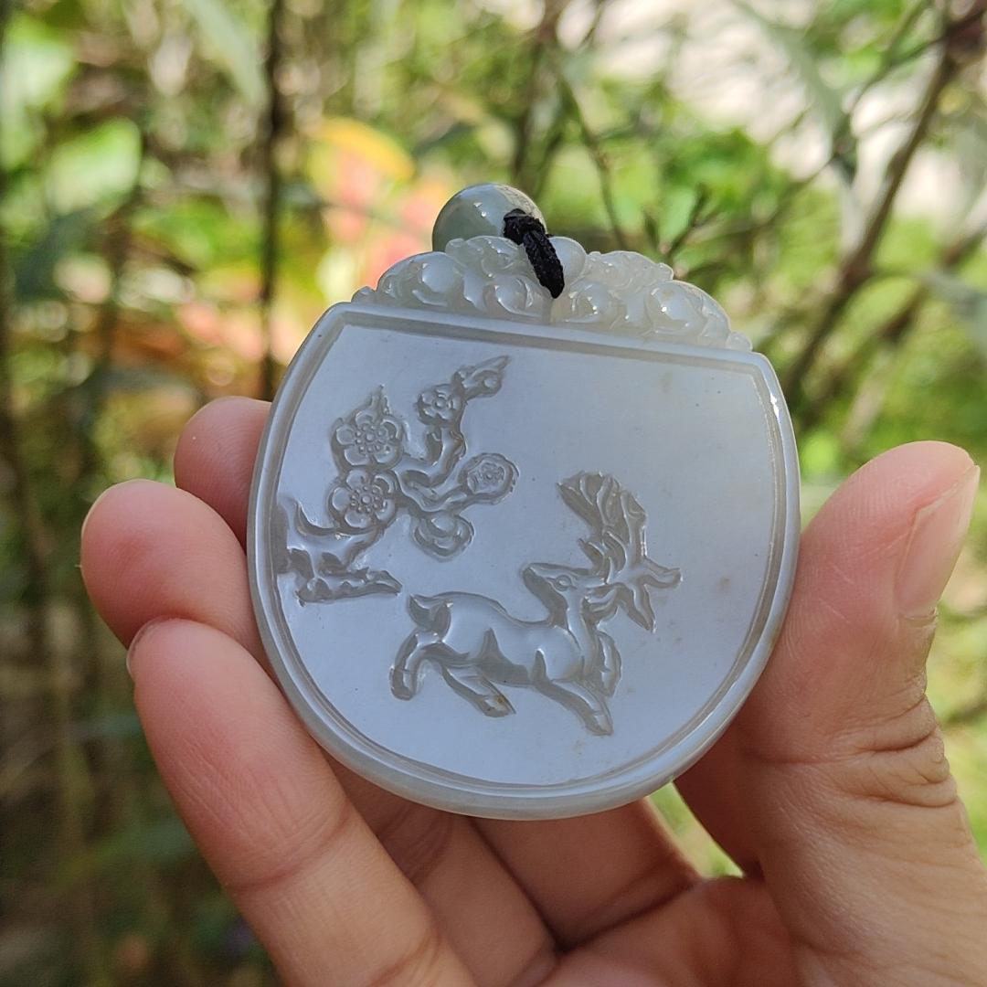 Crafted with Plum Blossoms and Deer Natural Type A Jadeite Pendant Necklace with certificate included weigh 34.14 grams, 54.3 * 47.5 * 5.6 mm,symbols of Good fortune, beauty and happiness (pendant105)