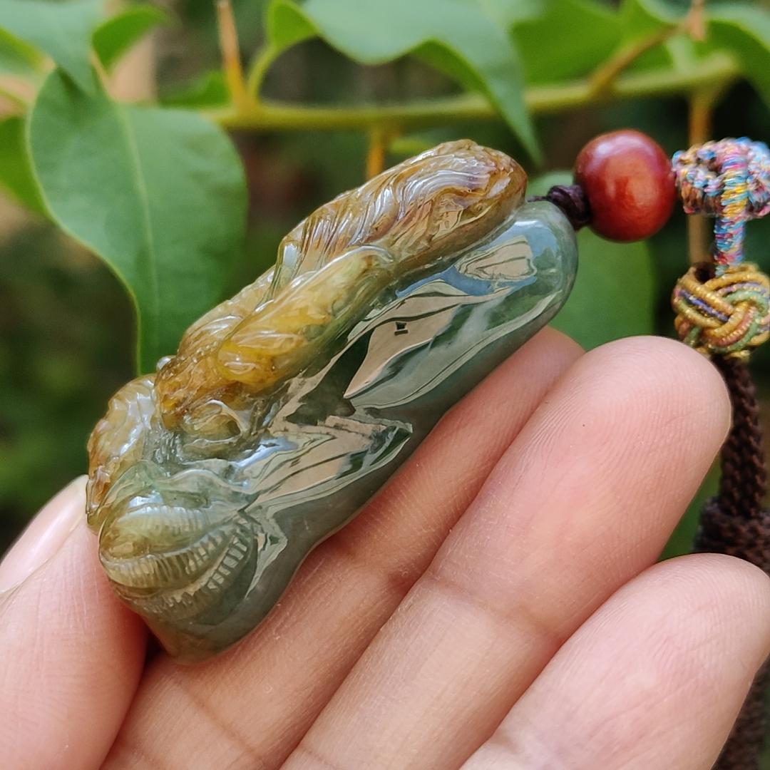 Green and Brown Two Colours Natural Type A Jadeite Pendant carved as Dragon with certificate weighs 33.15 grams, 41.8 * 26.5 * 16.5 mm, meaning Power and dignity, spirit of courage and perseverance, Prosperity and wealth (pendant88)