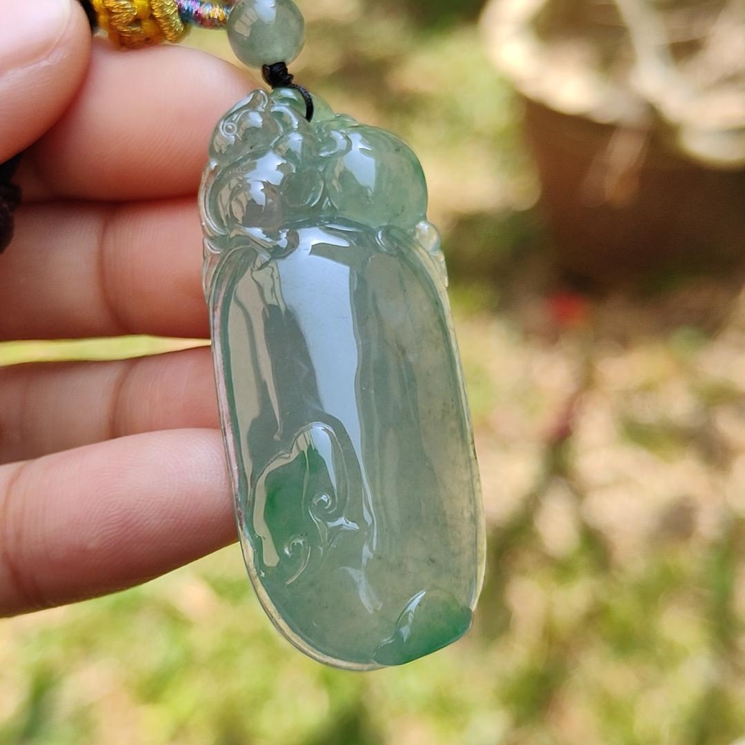 Premium Quality Icy Translucent Green with Green Patches Natural Type A Jadeite Jade crafted with Squirrel and Ruyi as Pendant, certificate weigh 17.83 grams, measurement 49.3 * 21 * 9.3 mm (pendant225)