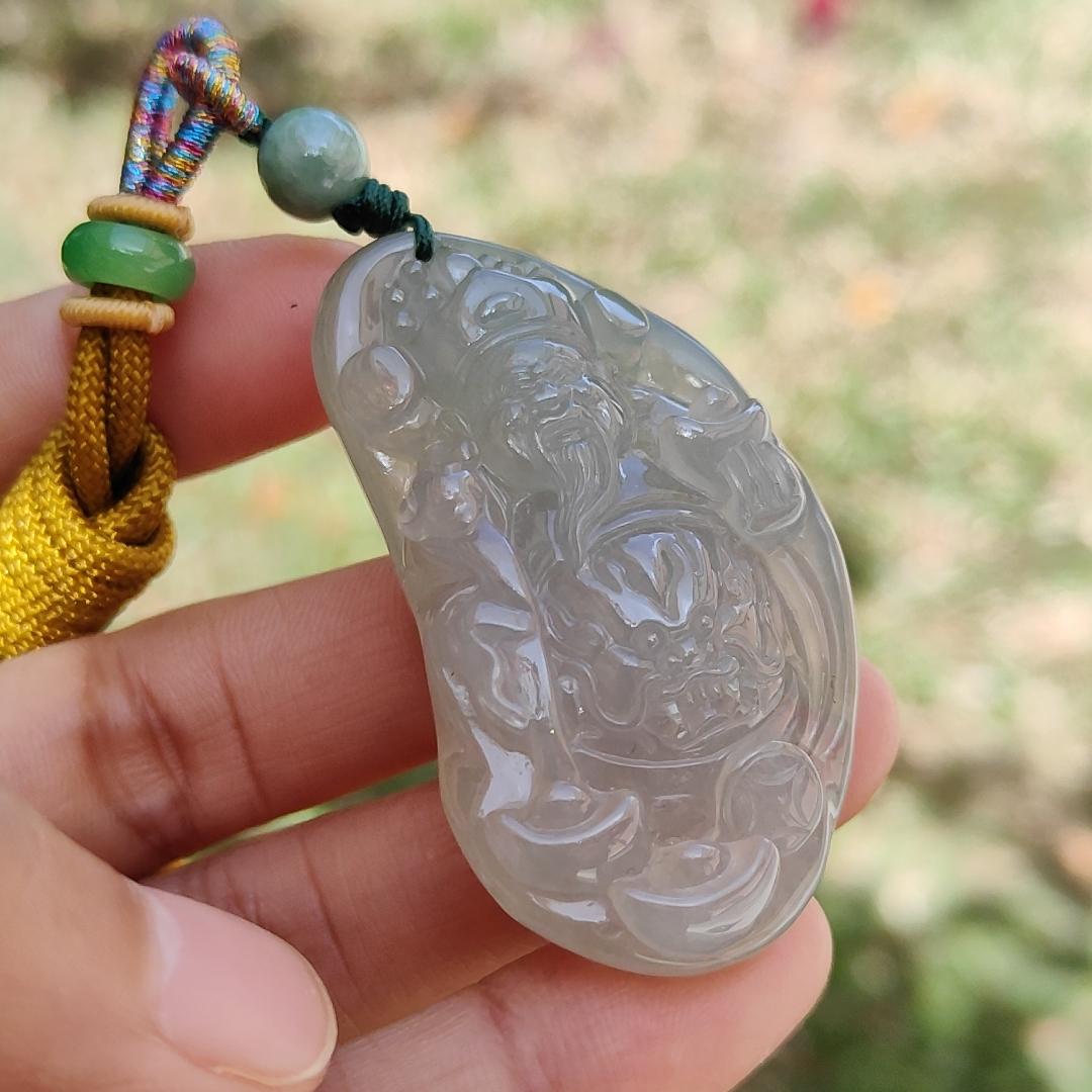 High Quality Icy Translucent Natural Type A Jadeite Jade crafted with God of Fortune as Pendant, certificate weighs 24.19 grams, measurement 48.8 * 27.3 * 10 mm (pendant274)