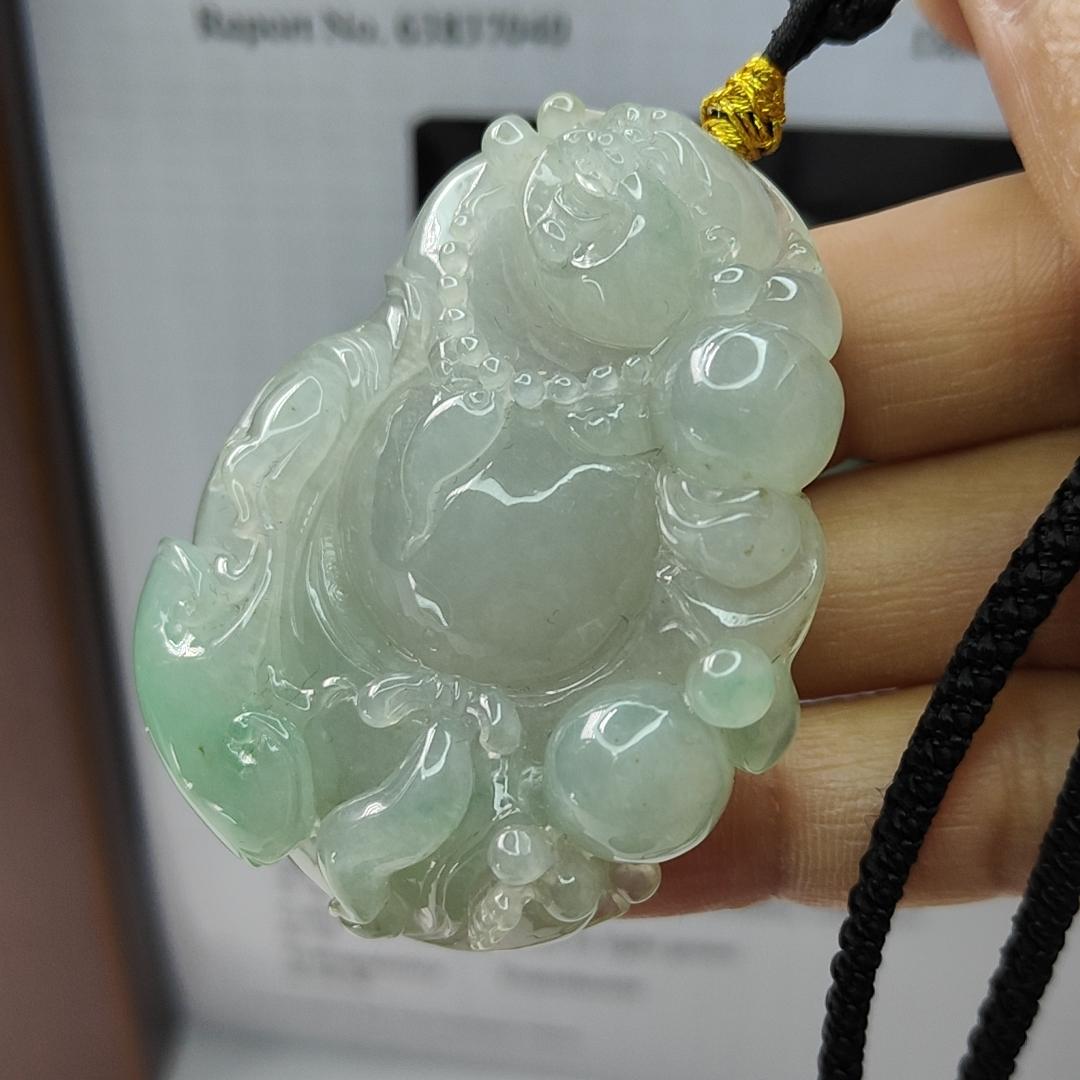 Natural Type A Jadeite Jewellery Pendant carved as Milo Buddha with Ruyi with Gemstone report from NGI weighs at 218.34 grams , 53.35 * 42.19 * 12.02 mm , Translucent with faint to light green with good translucency premium quality pendant (pendant156)