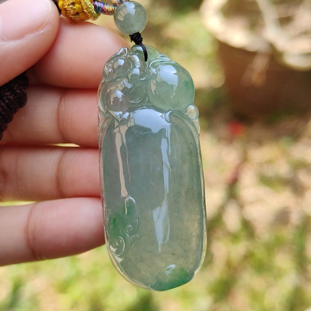 Premium Quality Icy Translucent Green with Green Patches Natural Type A Jadeite Jade crafted with Squirrel and Ruyi as Pendant, certificate weigh 17.83 grams, measurement 49.3 * 21 * 9.3 mm (pendant225)