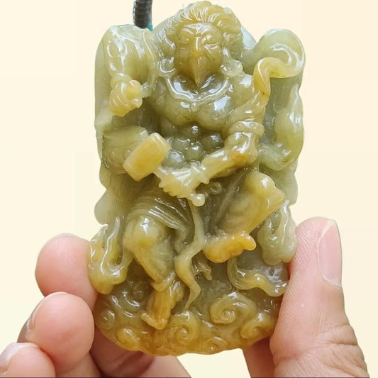 Super Rare Yellow with Light Green Hue Natural Type A Jadeite Jade crafted with shape of Lei Zhenzi as Pendant, certificate weighs 79.58 grams, measurement 69.8 * 42 * 19.5 (pendant257)