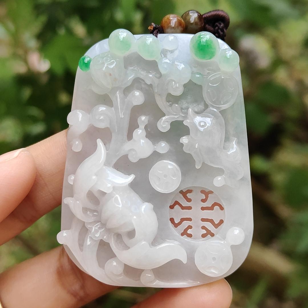 Old school hollow style Green and White Natural Type A Jadeite Jade crafted with flowers and coins as a pendant necklace with certificate weigh 41.56 grams, measurement 56.3 * 43.2 * 11.8 mm (pendant204)