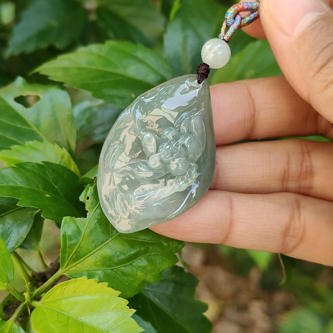 Quality Semi Icy Full Oil Green Natural Type A Jadeite Jade Pendant Necklace crafted with Lotus, certificate included weigh 12.07 grams, measurement 41.3 * 27 * 11 mm (pendant182)