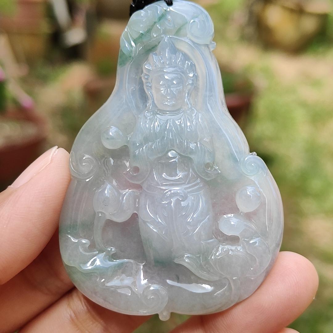 High Quality Light Lavender, Light Green with Yellow patches Natural Type A Jadeite Jade crafted with Guanyin as Pendant, certificate weigh 27.22 grams, measurement 63 * 44.3 * 6.8 mm (pendant229)