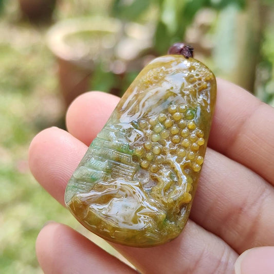 Rare quality Yellow with reddish brown and green Natural Type A Jadeite Jade crafted with sceneries as pendant, certificate weigh 11.38 grams, measurement 45.6 * 24.3 * 5.2 mm (pendant216)