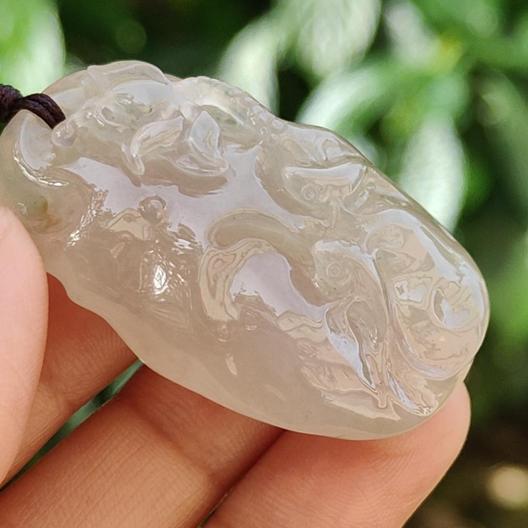 Premium High Quality Old Pit Natural Type A Jadeite Jade crafted with fish and Lotus as Pendant, certificate weigh 25.4 grams, measurement 44.2 * 28.5 * 12.3mm (pendant243)