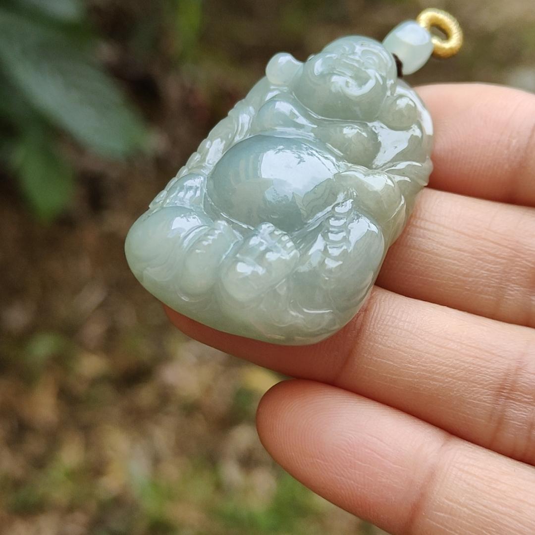 Light Green Natural Type A Jadeite Jade crafted with Milo Buddha as Pendant, certificate weighs 27.52grams, measurement 44.3 * 27.9 * 11.6 mm (pendant248)