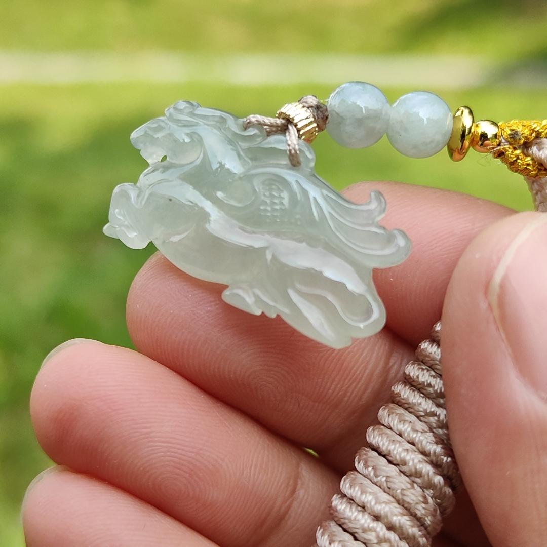 Icy with light green base Natural Type A Jadeite Pendant Necklace crafted as Flying Horse symbols of Good luck is coming soon, Longma spirit with GIC approved certificate weigh 4.55 grams, 15.6 * 28 * 6.3 mm (pendant65)