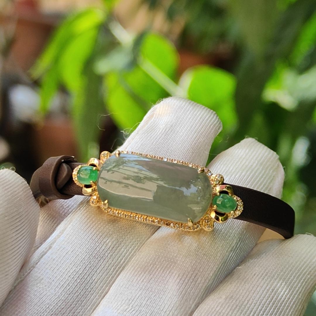 High Premium Quality Natural Type A Jadeite Jade with 3 cabochons set on 18k gold with diamonds as wrist bracelet or pendant, certificate weigh 4.39 grams (18kpw4)