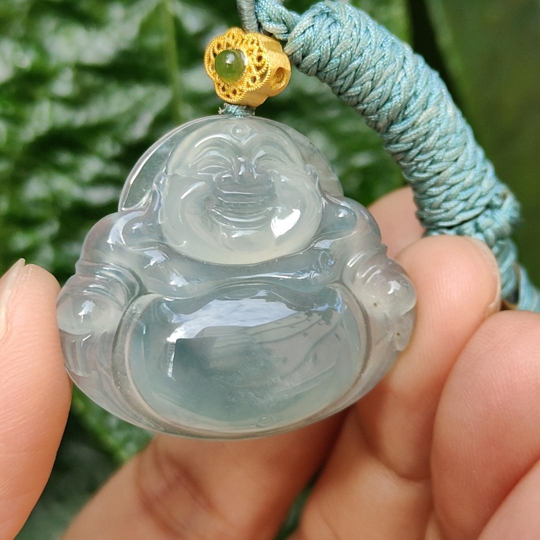 Old Pit Icy Bluish Green Natural Type A Jadeite Pendant Necklace crafted as Laughing Buddha with certificate weigh 13.48 grams, 27.7 * 31.6 * 7.2 mm (pendant162)