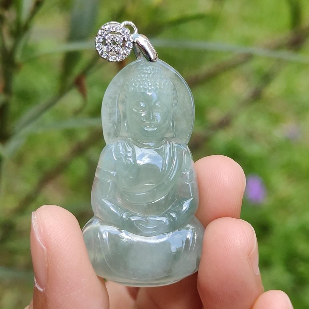 Premium Icy Good Translucency Green Hue Natural Type A Jadeite Pendant Necklace crafted as Buddha with certificate weigh 8.65 grams, 42.5 * 23.8 * 5.8 mm, collectible jadeite suitable for daily wear