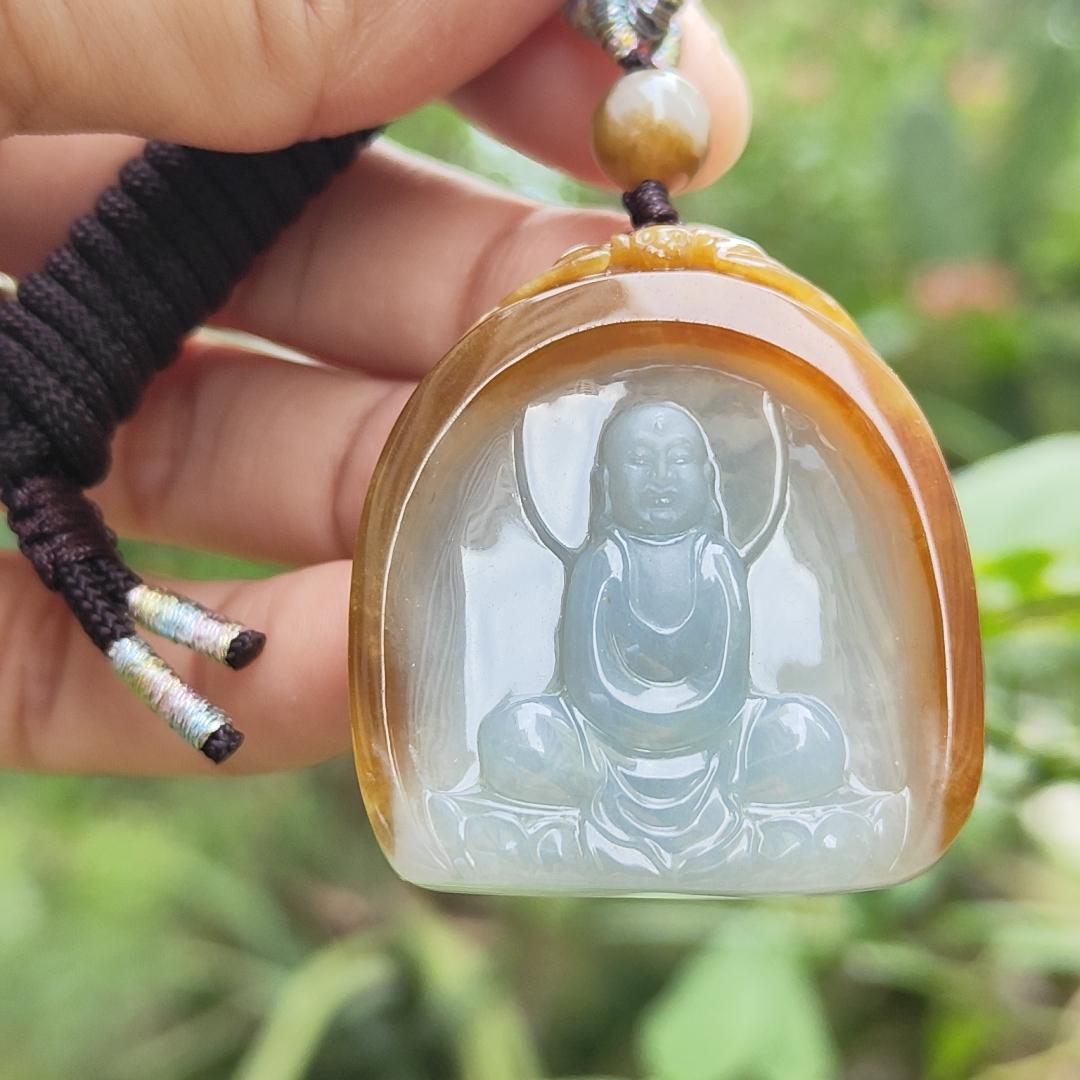 Rare old yellow Natural type A jadeite pendant with certificate carved as buddha seating on lotus weight 26.99 grams, 38.20 * 34.20 * 8.80 mm suitable for daily wear (pendant122)