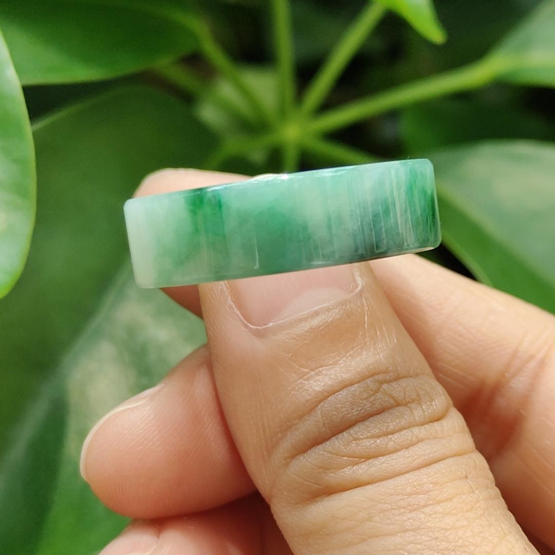 High Quality Green,Green Patches Natural Type A Jadeite Jade crafted as Ring, finger size 19.1mm, QIC approved labs certificate weighs 7.68 grams, measurement 7.7 * 4.4 mm (ring8)