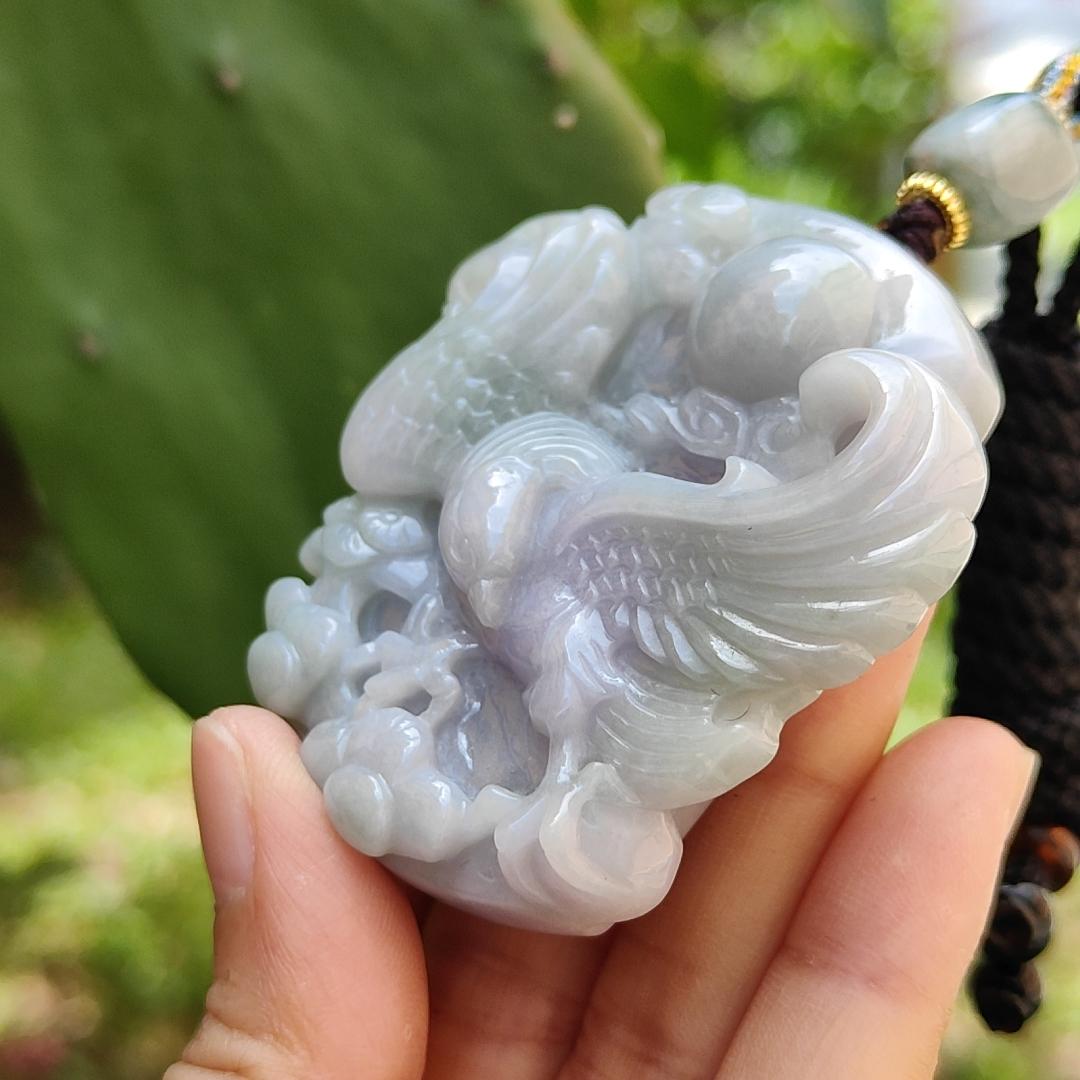 Lavender Natural Type A Jadeite Pendant crafted with Eagle meaning win, good for businesse, majesty, power and freedrom, certificate weight 75.8150 gram, 57 * 54.20 * 15.10 mm (pendant111)