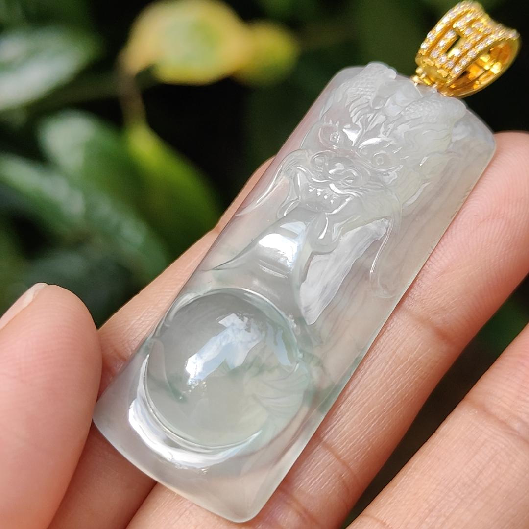 Premium Icy Translucent Light Green Natural Type A Jadeite Jade crafted with Dragon set on 18k Gold as Pendant, certificate weighs 12.99 grams, measurement 46.8 * 19.7 * 7.7 mm (18kp43)