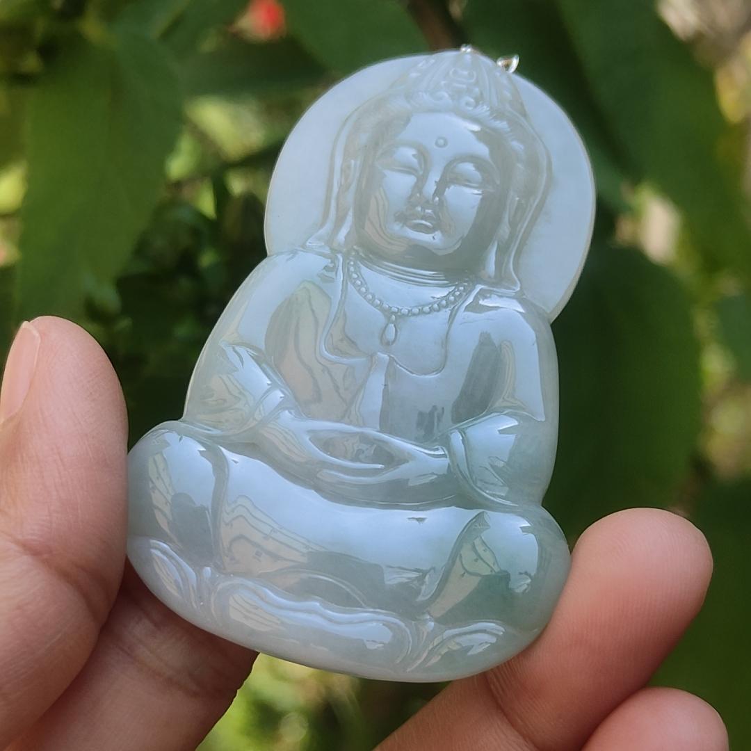 Old school Light Green Natural Type A Jadeite Jade Pendant Necklace Crafted as Guanyin with certificate weigh 33.21 grams, measurement 66 * 42.7 * 6.8 mm (pendant188)