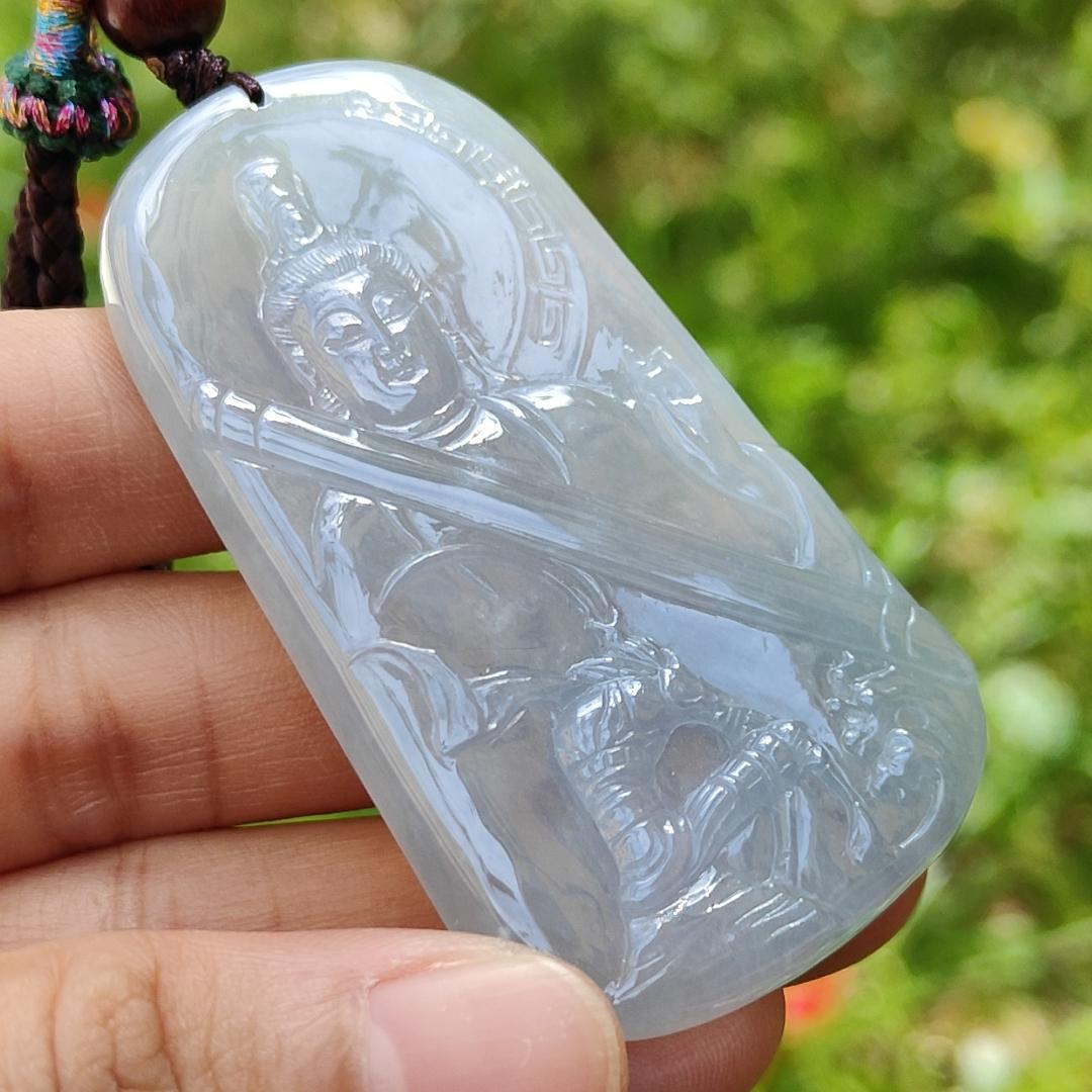 Light Lavender Very unique old Natural Type A Jadeite Pendant come with certificate Crafted with Guanyin and the monkey god with a hugh golden cudgel weight 33.74 grams, 62.80 * 35.70 * 6.30 mm suitable for daily wear or collection (pendant117)