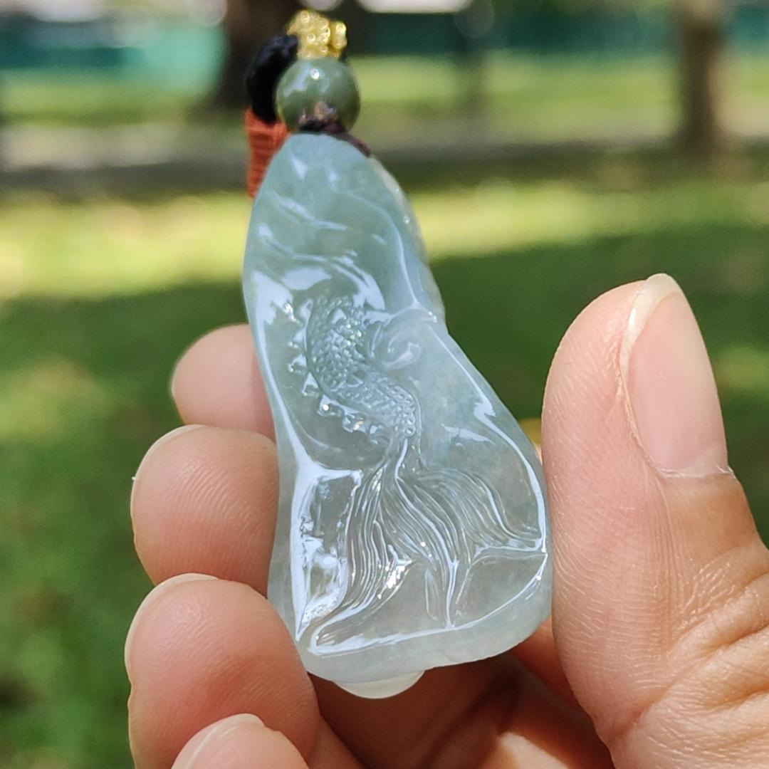 High Quality Beautifully crafted as Dragon with Semi Icy Translucent Natural Type A Jadeite Jade as Pendant, certificate weighs 22.18 grams, measurement 54.6 * 21.5 * 15.7 mm (pendant270)